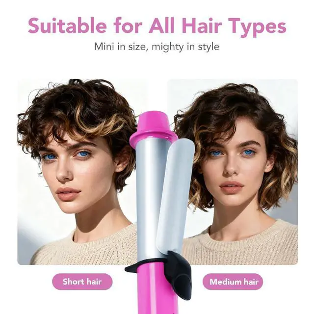 Alt view image 6 of 6 - Mini 1 Inch Ceramic Curling Iron Dual Voltage Travel Hair Curler, Compact & Lightweight for Short Hair and Bangs, Pink
