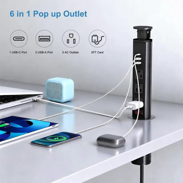 Alt view image 2 of 7 - Pop Up Electrical Outlet for Countertop with 30W Max Fast Charging, Space Saver Pop Up Electrical Outlet with 3 AC Outlets, 2 USB-A, 1 USB-C for Kitchen Office Home Desk