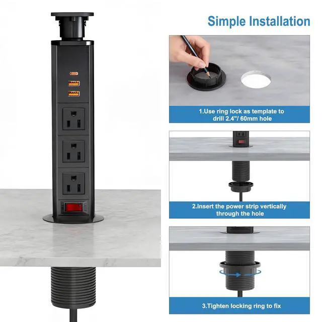 Alt view image 4 of 7 - Pop Up Electrical Outlet for Countertop with 30W Max Fast Charging, Space Saver Pop Up Electrical Outlet with 3 AC Outlets, 2 USB-A, 1 USB-C for Kitchen Office Home Desk