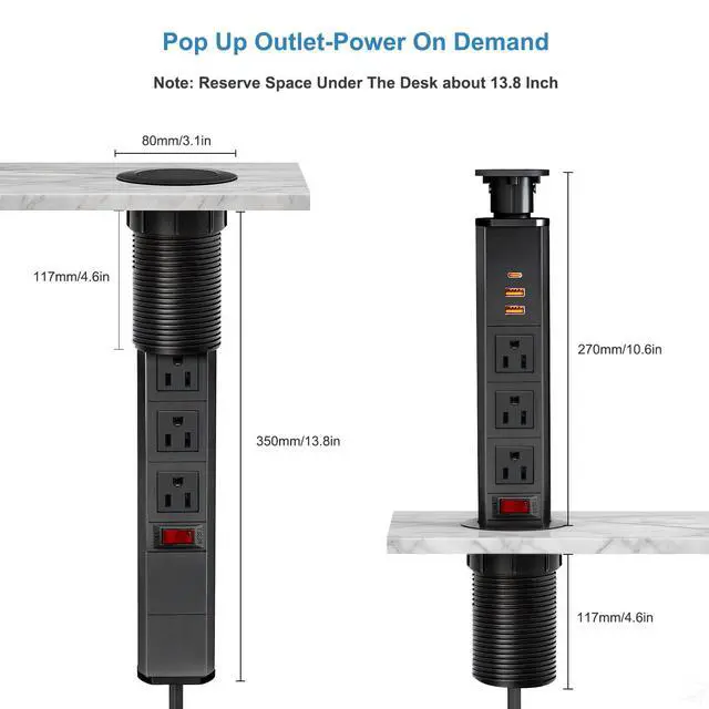 Alt view image 6 of 7 - Pop Up Electrical Outlet for Countertop with 30W Max Fast Charging, Space Saver Pop Up Electrical Outlet with 3 AC Outlets, 2 USB-A, 1 USB-C for Kitchen Office Home Desk