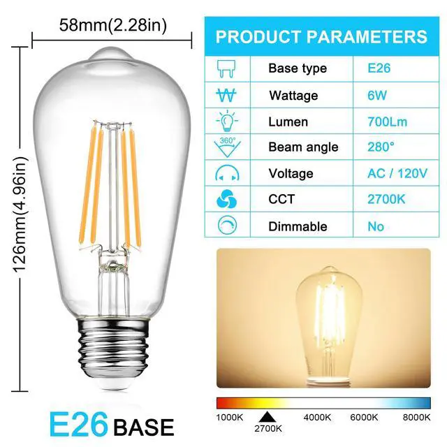 Alt view image 2 of 7 - Vintage LED Edison Bulbs, 6W, Equivalent 60W, Non-Dimmable, High Brightness Warm White 2700K, ST58 Antique LED Filament Bulbs with 80+ CRI, E26 Medium Base, Clear Glass, Pack of 4