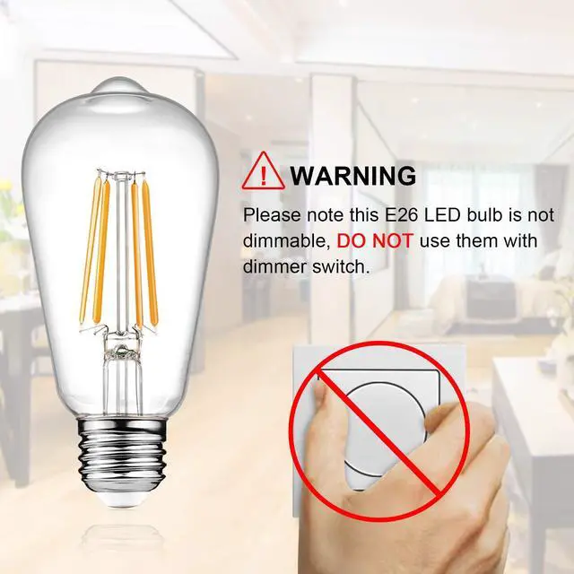 Alt view image 3 of 7 - Vintage LED Edison Bulbs, 6W, Equivalent 60W, Non-Dimmable, High Brightness Warm White 2700K, ST58 Antique LED Filament Bulbs with 80+ CRI, E26 Medium Base, Clear Glass, Pack of 4