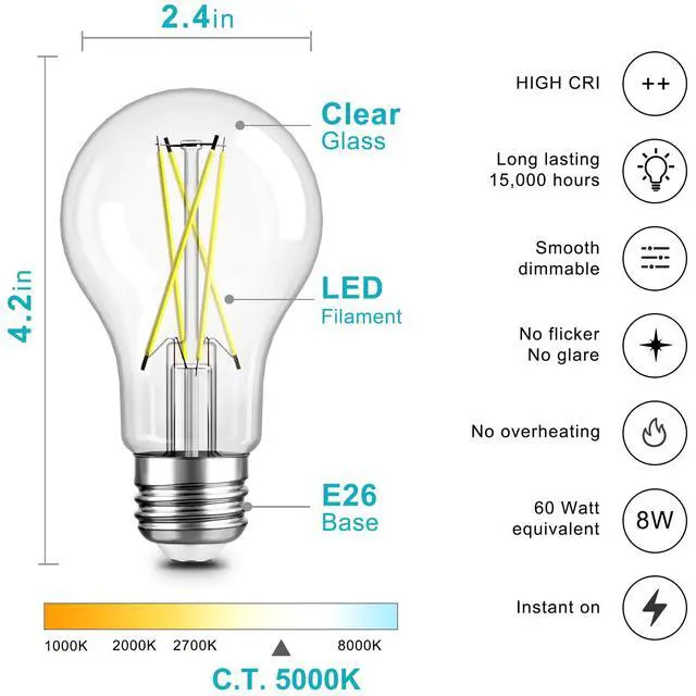 Alt view image 2 of 7 - 12 Pack A19 Vintage LED Edison Bulbs, Dimmable Light Bulb 60W Equivalent, High Brightness 5000K Daylight, Ultra-Bright, 8W E26 Standard Base, 800Lumens, CRI80+, Clear Glass Filament Bulb for Home