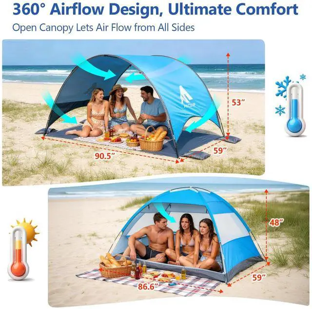 Alt view image 2 of 7 - 2026 Upgraded Beach Umbrella Canopy with UPF 50+ UV Protection, Portable Beach Tent for Sun, 360° Ventilation, 4 Sandbags, Dual Pockets, Stakes & Ropes, 90.5 * 59 * 53 inch for 3 People