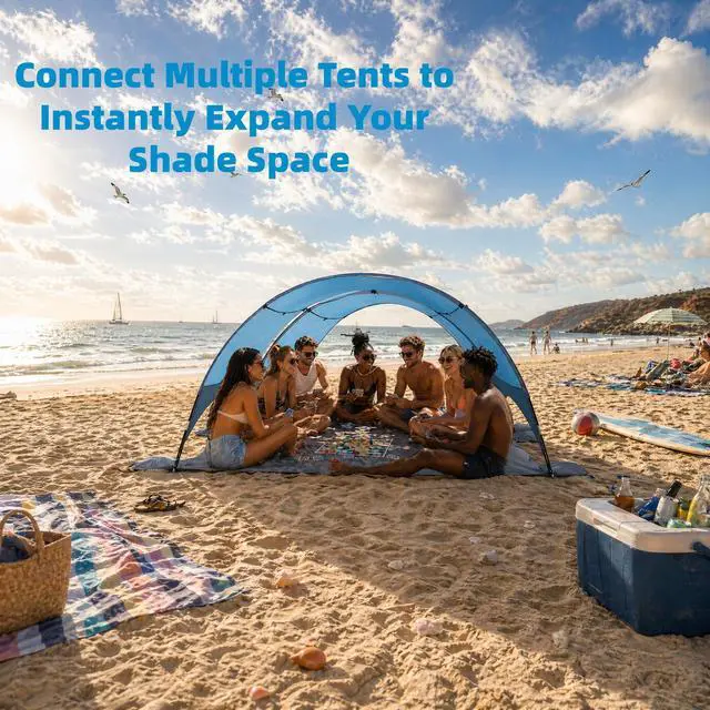 Alt view image 7 of 7 - 2026 Upgraded Beach Umbrella Canopy with UPF 50+ UV Protection, Portable Beach Tent for Sun, 360° Ventilation, 4 Sandbags, Dual Pockets, Stakes & Ropes, 90.5 * 59 * 53 inch for 3 People