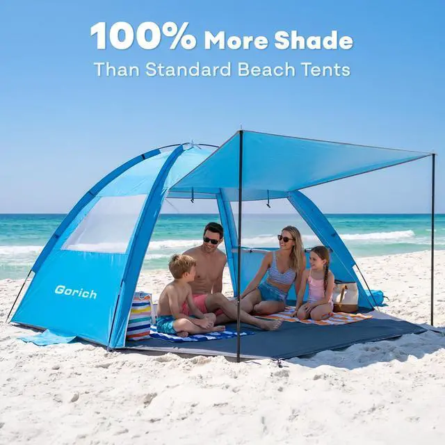 Alt view image 2 of 7 - Beach Tent Sun Shelter with Canopy, Easy Setup UPF50+ UV Protection Sun Shade for 3-4/5-6/7-8 Person, Lightweight & Compact Beach Umbrella for Family Travel