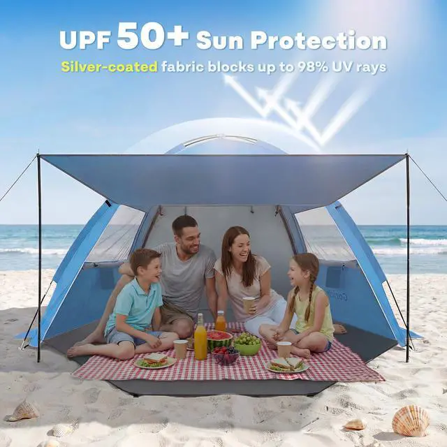 Alt view image 3 of 7 - Beach Tent Sun Shelter with Canopy, Easy Setup UPF50+ UV Protection Sun Shade for 3-4/5-6/7-8 Person, Lightweight & Compact Beach Umbrella for Family Travel