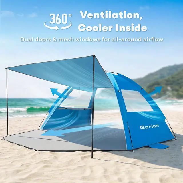 Alt view image 4 of 7 - Beach Tent Sun Shelter with Canopy, Easy Setup UPF50+ UV Protection Sun Shade for 3-4/5-6/7-8 Person, Lightweight & Compact Beach Umbrella for Family Travel