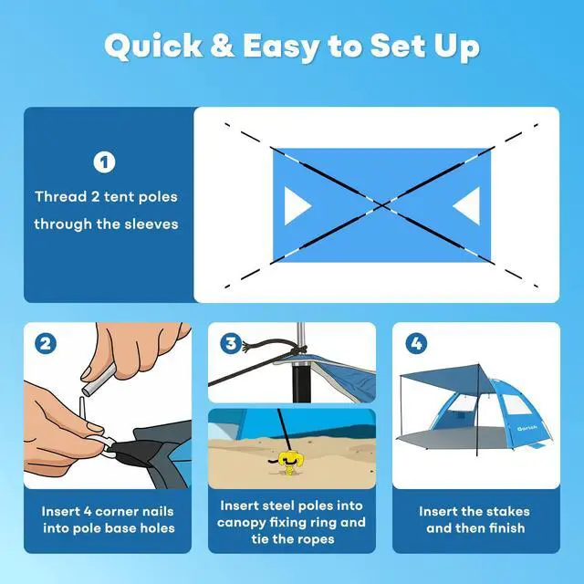 Alt view image 6 of 7 - Beach Tent Sun Shelter with Canopy, Easy Setup UPF50+ UV Protection Sun Shade for 3-4/5-6/7-8 Person, Lightweight & Compact Beach Umbrella for Family Travel
