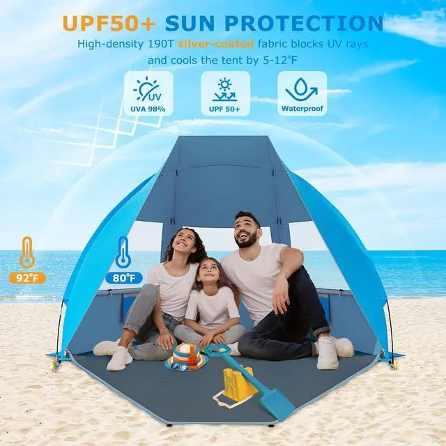 Alt view image 3 of 7 - Portable Beach Tent for 3/4-5/6-7 Person with UPF 50+ UV Protection, Lightweight & Foldable Sun Shelter with 5 Sand Bags, Easy Setup Windproof Beach Umbrella Sun Shade