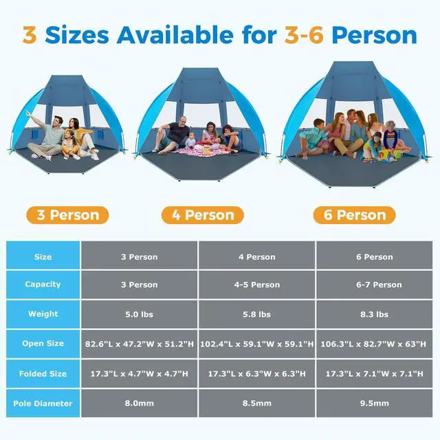 Alt view image 6 of 7 - Portable Beach Tent for 3/4-5/6-7 Person with UPF 50+ UV Protection, Lightweight & Foldable Sun Shelter with 5 Sand Bags, Easy Setup Windproof Beach Umbrella Sun Shade