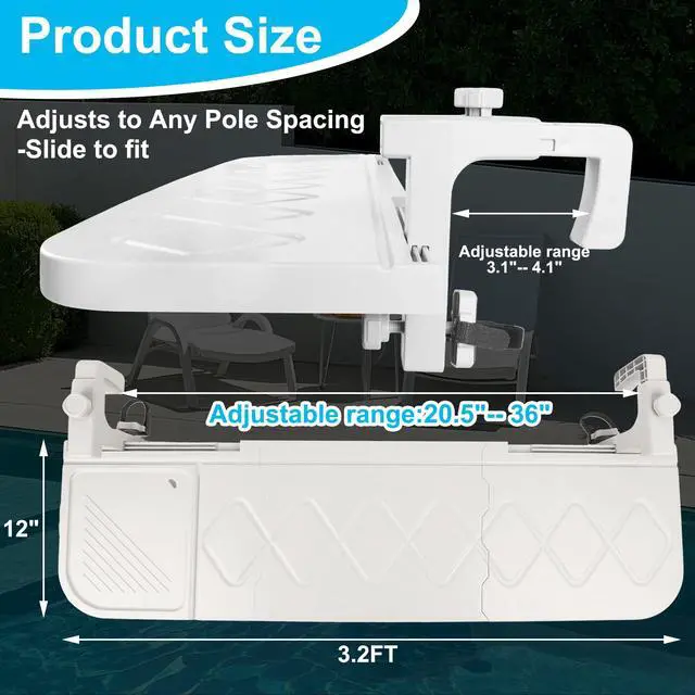 Alt view image 3 of 7 - Pool Bar for Above Ground Pool Swim Up Bar 38.4" x12" Adjustable Poolside Table Foldable Swimming Pool Shelf Fits Round Oval Rectangle Pools Clip-On Drink Table for Deck Patio, White