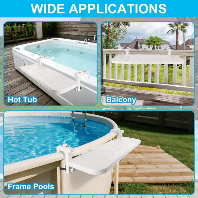 Alt view image 2 of 7 - Pool Bar for Above Ground Pool Swim Up Bar 38.4" x12" Adjustable Poolside Table Foldable Swimming Pool Shelf Fits Round Oval Rectangle Pools Clip-On Drink Table for Deck Patio, White