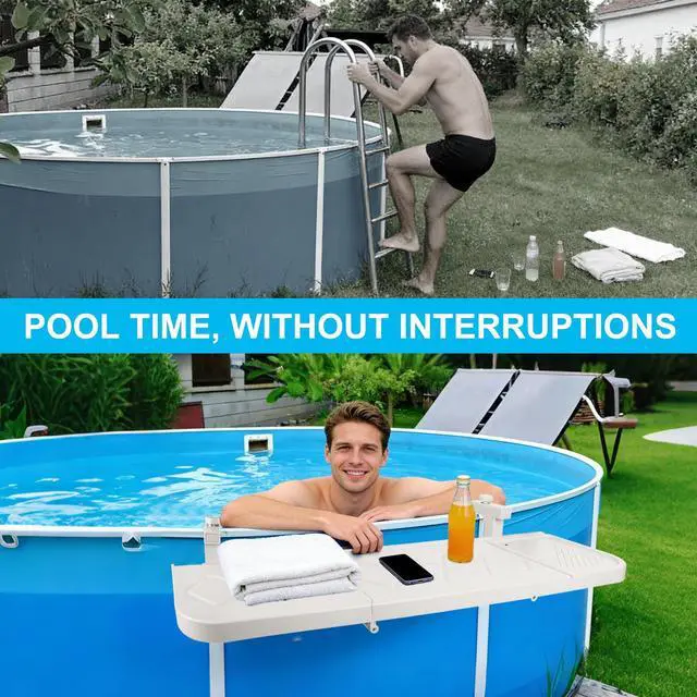 Alt view image 6 of 7 - Pool Bar for Above Ground Pool Swim Up Bar 38.4" x12" Adjustable Poolside Table Foldable Swimming Pool Shelf Fits Round Oval Rectangle Pools Clip-On Drink Table for Deck Patio, White