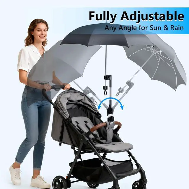Alt view image 2 of 7 - Umbrella Holder for Stroller Chair, 360° Adjustable Clip On Umbrella Attachment, Universal Umbrella Clamp Mount for Golf Cart, Wheelchair, Beach Chair, Camping Chair Outdoor Auto Scooter