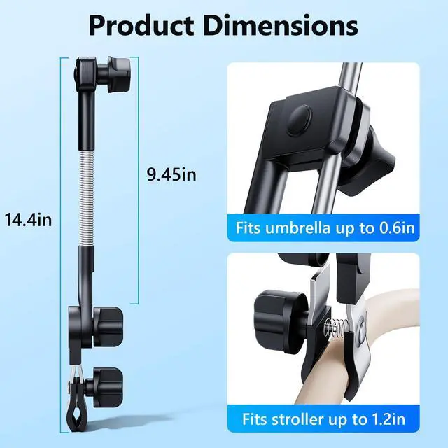 Alt view image 6 of 7 - Umbrella Holder for Stroller Chair, 360° Adjustable Clip On Umbrella Attachment, Universal Umbrella Clamp Mount for Golf Cart, Wheelchair, Beach Chair, Camping Chair Outdoor Auto Scooter