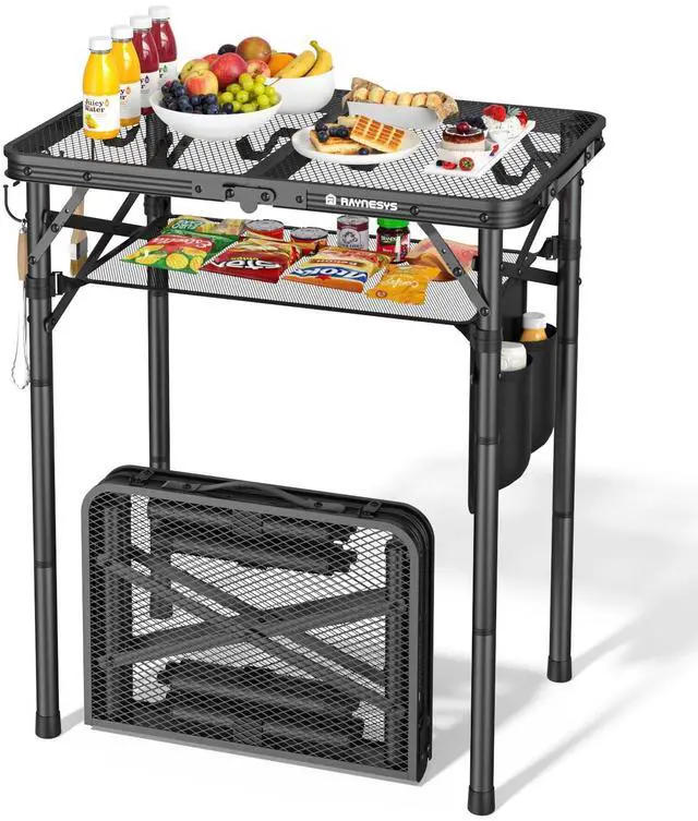Main image of Folding Grill Table for Outside, 3 Height Adjustable Small Camping Table with Mesh Bag, Metal Aluminum Folding Table, 23.62 x 15.75 inches, Portable Grill Stand for Picnic, Camping, BBQ, Beach, Black