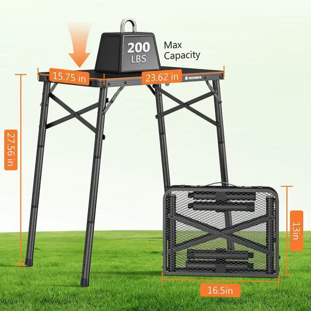 Alt view image 2 of 7 - Folding Grill Table for Outside, 3 Height Adjustable Small Camping Table with Mesh Bag, Metal Aluminum Folding Table, 23.62 x 15.75 inches, Portable Grill Stand for Picnic, Camping, BBQ, Beach, Black
