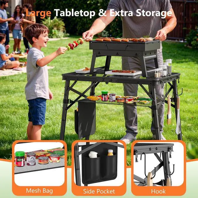 Alt view image 3 of 7 - Folding Grill Table for Outside, 3 Height Adjustable Small Camping Table with Mesh Bag, Metal Aluminum Folding Table, 23.62 x 15.75 inches, Portable Grill Stand for Picnic, Camping, BBQ, Beach, Black