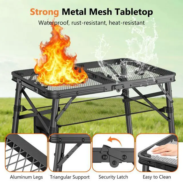 Alt view image 5 of 7 - Folding Grill Table for Outside, 3 Height Adjustable Small Camping Table with Mesh Bag, Metal Aluminum Folding Table, 23.62 x 15.75 inches, Portable Grill Stand for Picnic, Camping, BBQ, Beach, Black