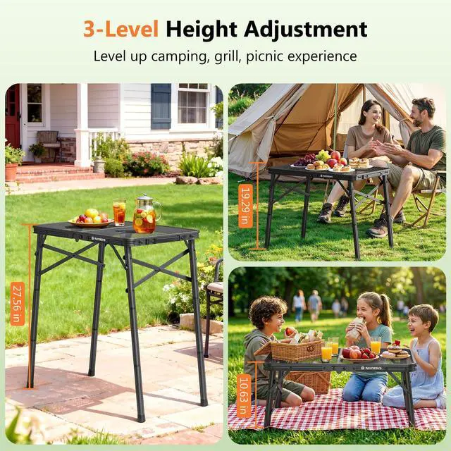 Alt view image 4 of 7 - Folding Grill Table for Outside, 3 Height Adjustable Small Camping Table with Mesh Bag, Metal Aluminum Folding Table, 23.62 x 15.75 inches, Portable Grill Stand for Picnic, Camping, BBQ, Beach, Black