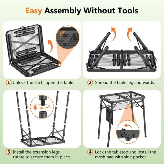 Alt view image 6 of 7 - Folding Grill Table for Outside, 3 Height Adjustable Small Camping Table with Mesh Bag, Metal Aluminum Folding Table, 23.62 x 15.75 inches, Portable Grill Stand for Picnic, Camping, BBQ, Beach, Black