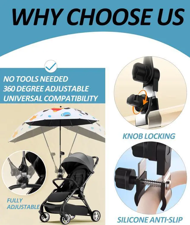 Alt view image 6 of 7 - Universal Umbrella Holder for Chair, 360° Adjustable Umbrella Clamp Mount for Stroller, Beach Chair, Wheelchair & Golf Cart - Tool-Free Installation for Sun & Rain Protection