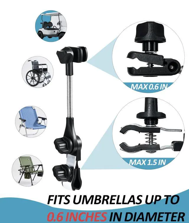 Alt view image 7 of 7 - Universal Umbrella Holder for Chair, 360° Adjustable Umbrella Clamp Mount for Stroller, Beach Chair, Wheelchair & Golf Cart - Tool-Free Installation for Sun & Rain Protection