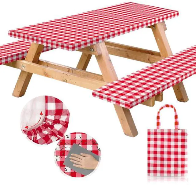 Main image of Vinyl Fitted Picnic Table Cover with Bench Covers and Bag, 6ft Outdoor Waterproof Picnic Tablecloth with Elastic Edges, 72x30 Inches 3 Pcs Set (Red Checkered)