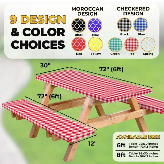 Alt view image 2 of 7 - Vinyl Fitted Picnic Table Cover with Bench Covers and Bag, 6ft Outdoor Waterproof Picnic Tablecloth with Elastic Edges, 72x30 Inches 3 Pcs Set (Red Checkered)