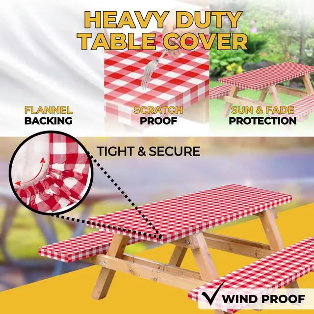 Alt view image 4 of 7 - Vinyl Fitted Picnic Table Cover with Bench Covers and Bag, 6ft Outdoor Waterproof Picnic Tablecloth with Elastic Edges, 72x30 Inches 3 Pcs Set (Red Checkered)