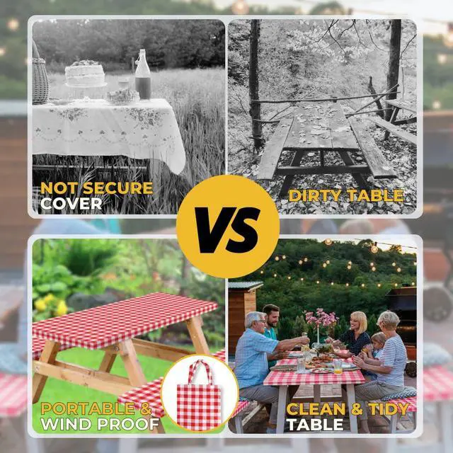 Alt view image 5 of 7 - Vinyl Fitted Picnic Table Cover with Bench Covers and Bag, 6ft Outdoor Waterproof Picnic Tablecloth with Elastic Edges, 72x30 Inches 3 Pcs Set (Red Checkered)