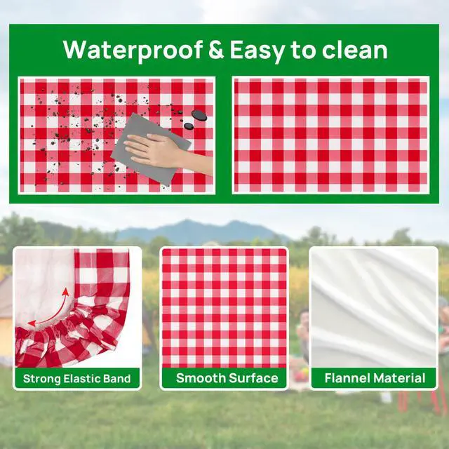 Alt view image 6 of 7 - Vinyl Fitted Picnic Table Cover with Bench Covers and Bag, 6ft Outdoor Waterproof Picnic Tablecloth with Elastic Edges, 72x30 Inches 3 Pcs Set (Red Checkered)