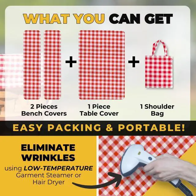 Alt view image 7 of 7 - Vinyl Fitted Picnic Table Cover with Bench Covers and Bag, 6ft Outdoor Waterproof Picnic Tablecloth with Elastic Edges, 72x30 Inches 3 Pcs Set (Red Checkered)