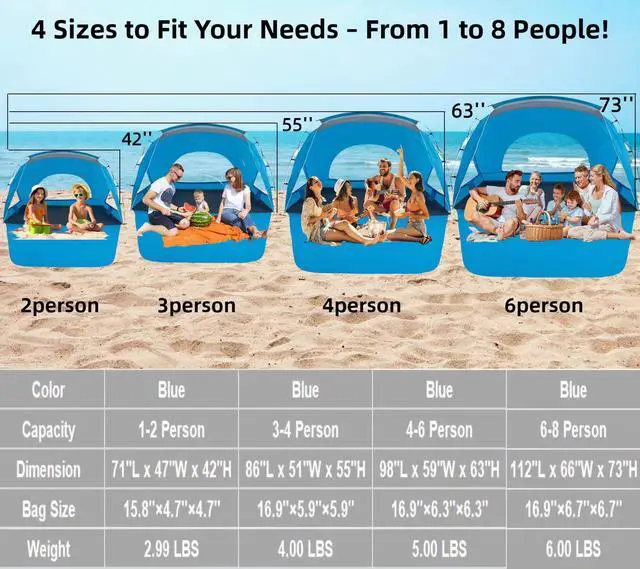 Alt view image 4 of 7 - Beach Tent, Portable Sun Shelter for 2/3/4/6-8 Person with UPF 50+ UV Protection, Easy Setup Waterproof Beach Shade Canopy Cabana for Family Outdoor and Picnics, Fishing with Carrying Bag