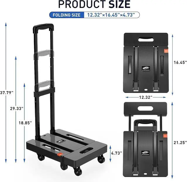 Alt view image 3 of 7 - Folding Hand Truck, 500 LB Heavy Duty Luggage Cart, Utility Dolly Platform Cart with 6 Wheels & 2 Elastic Ropes for Luggage, Travel, Moving, Shopping, Office Use, Black