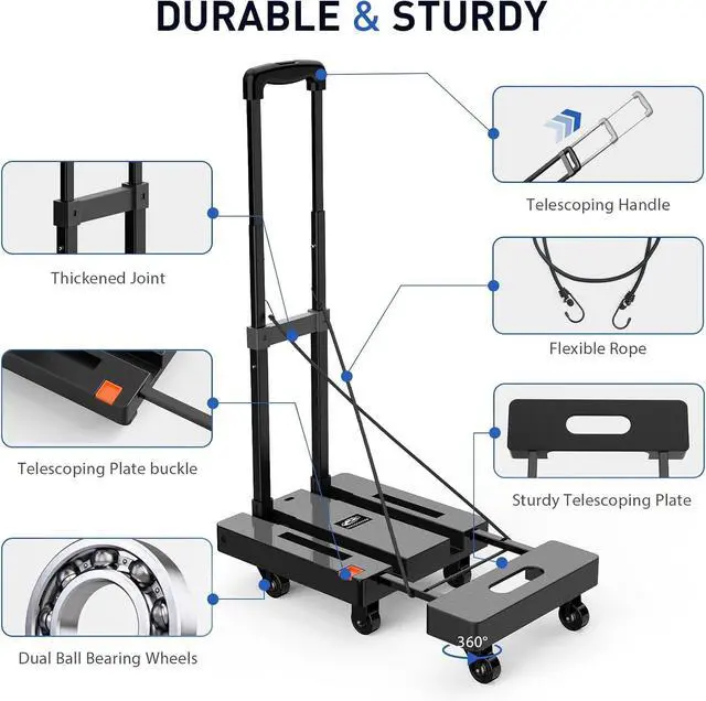 Alt view image 4 of 7 - Folding Hand Truck, 500 LB Heavy Duty Luggage Cart, Utility Dolly Platform Cart with 6 Wheels & 2 Elastic Ropes for Luggage, Travel, Moving, Shopping, Office Use, Black