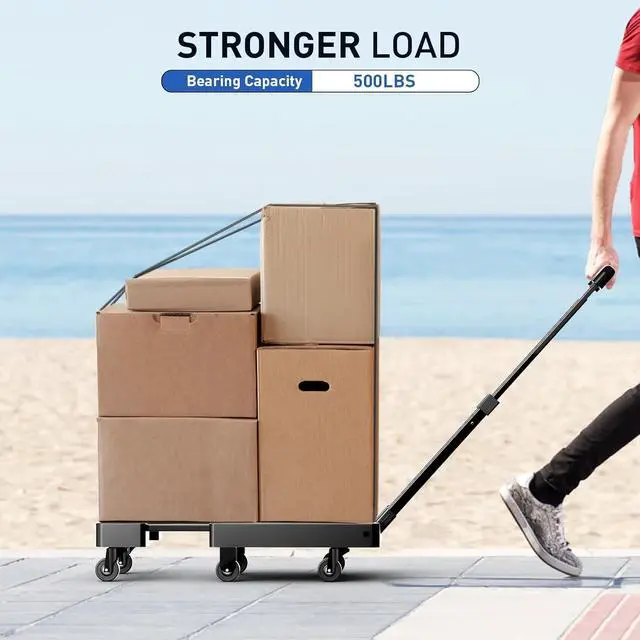 Alt view image 5 of 7 - Folding Hand Truck, 500 LB Heavy Duty Luggage Cart, Utility Dolly Platform Cart with 6 Wheels & 2 Elastic Ropes for Luggage, Travel, Moving, Shopping, Office Use, Black
