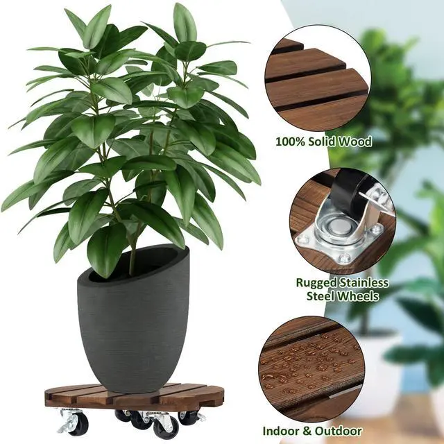 Alt view image 4 of 6 - 2pack Plant Caddy 12Wood Duty Rolling Plant Stand with 2 360° Lockable Caster Wheels,Indoor Outdoor on Roller Patio/Flower Pot/Succulent Pots