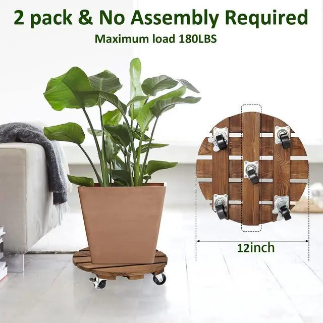 Alt view image 3 of 6 - 2pack Plant Caddy 12Wood Duty Rolling Plant Stand with 2 360° Lockable Caster Wheels,Indoor Outdoor on Roller Patio/Flower Pot/Succulent Pots