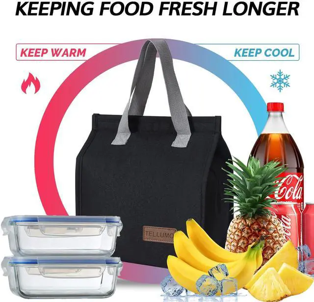 Alt view image 2 of 7 - Insulated Lunch Bag for Men Women, Large Reusable Leakproof Lunch Box Container, Small Portable Thermal Snack Bag, Reusable Travel Office Work Beach Black Cooler Tote Bag for Adults, Black