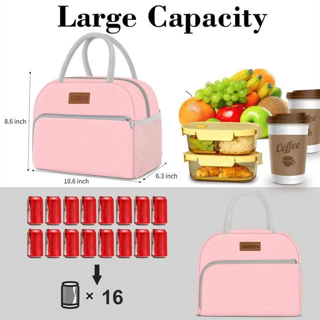 Alt view image 3 of 7 - Lunch Bag for Women Men, Insulated Reusable Picnic Bag, 10.8"L x 6.3"W x 8.85"H, Pink