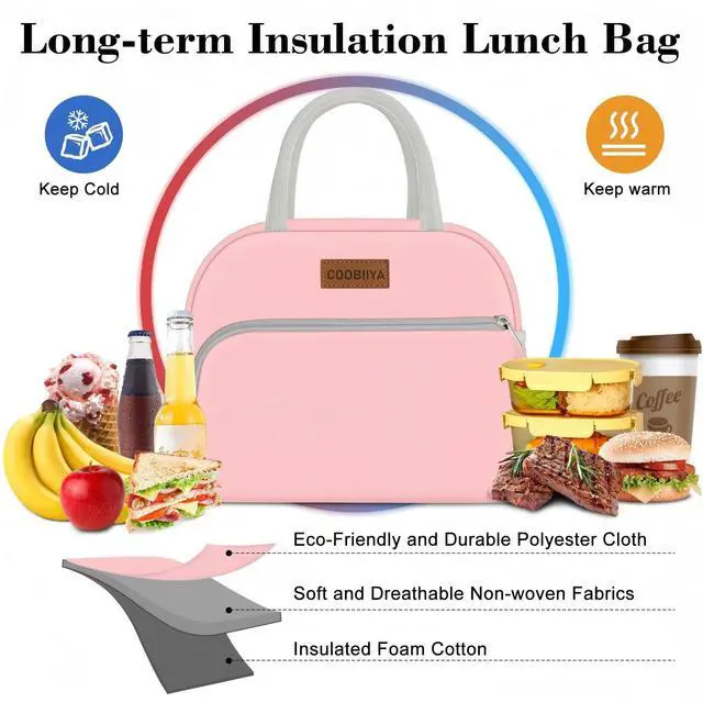 Alt view image 7 of 7 - Lunch Bag for Women Men, Insulated Reusable Picnic Bag, 10.8"L x 6.3"W x 8.85"H, Pink