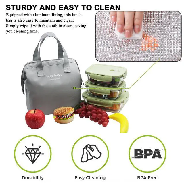Alt view image 3 of 7 - Insulated Lunch Bag Simple Cute Lunch Box for Women Men, Grey, Small