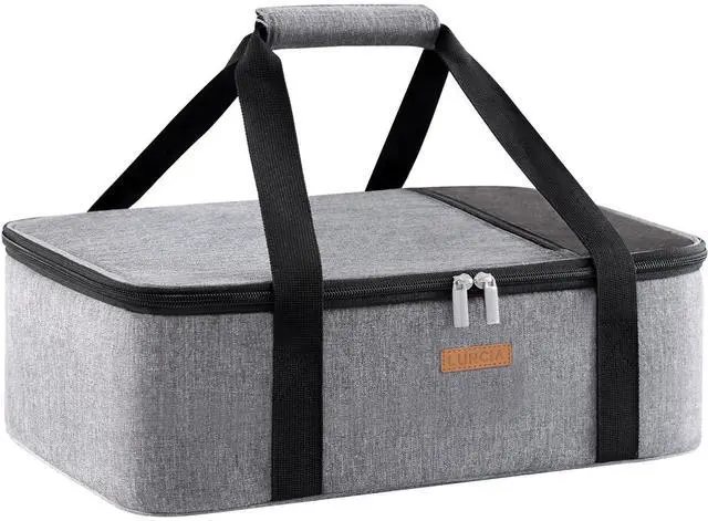Main image of Insulated Single Decker Casserole Carrier, Lasagna Lugger Tote Keeps Food Hot or Cold, Thermal Lunch Bag for Potluck Parties, Picnic and Cookouts, Fits 8"x11" Baking Dish, Grey