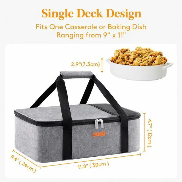 Alt view image 2 of 7 - Insulated Single Decker Casserole Carrier, Lasagna Lugger Tote Keeps Food Hot or Cold, Thermal Lunch Bag for Potluck Parties, Picnic and Cookouts, Fits 8"x11" Baking Dish, Grey