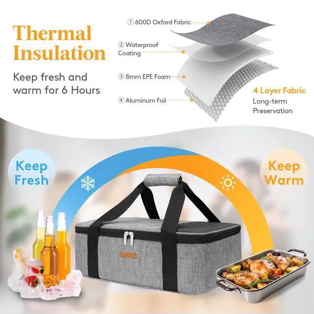 Alt view image 3 of 7 - Insulated Single Decker Casserole Carrier, Lasagna Lugger Tote Keeps Food Hot or Cold, Thermal Lunch Bag for Potluck Parties, Picnic and Cookouts, Fits 8"x11" Baking Dish, Grey