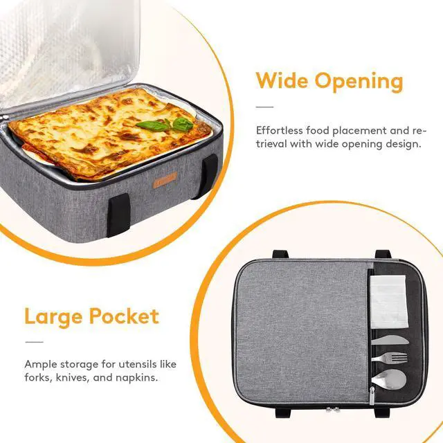 Alt view image 5 of 7 - Insulated Single Decker Casserole Carrier, Lasagna Lugger Tote Keeps Food Hot or Cold, Thermal Lunch Bag for Potluck Parties, Picnic and Cookouts, Fits 8"x11" Baking Dish, Grey