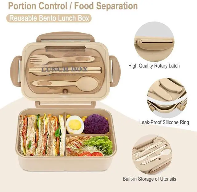 Alt view image 2 of 7 - Bento Box for Adult, 1200 ML Lunch Containers, LeakProof Lunch Box with Utensils, BPA Free, 3 Compartment Bento Box Microwave Safe, Khaki