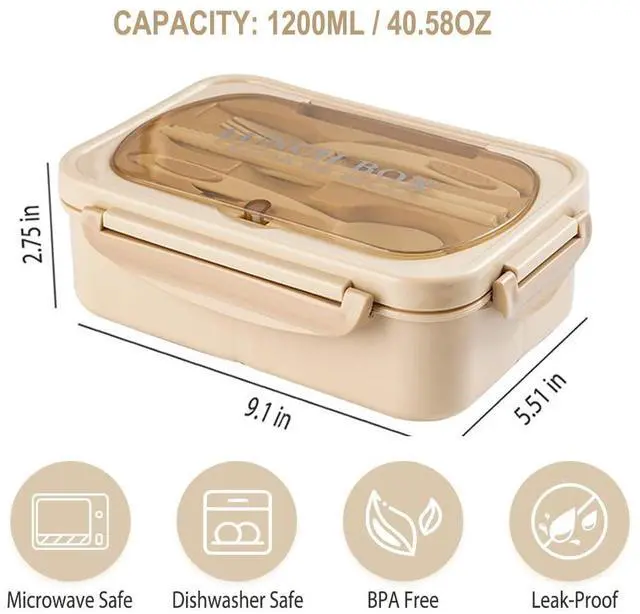 Alt view image 5 of 7 - Bento Box for Adult, 1200 ML Lunch Containers, LeakProof Lunch Box with Utensils, BPA Free, 3 Compartment Bento Box Microwave Safe, Khaki